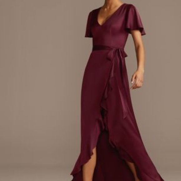 David's Bridal Dresses & Skirts - David Bridal Flutter Sleeve Crepe Satin Ruffle  Dress in Wine F20209 Size 6